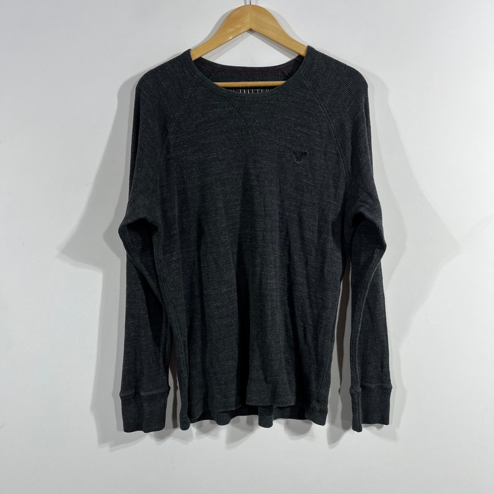 American Eagle Y2K Preppy Lounge Gray Thermal Long Sleeve Shirt Waffle Knit VTG